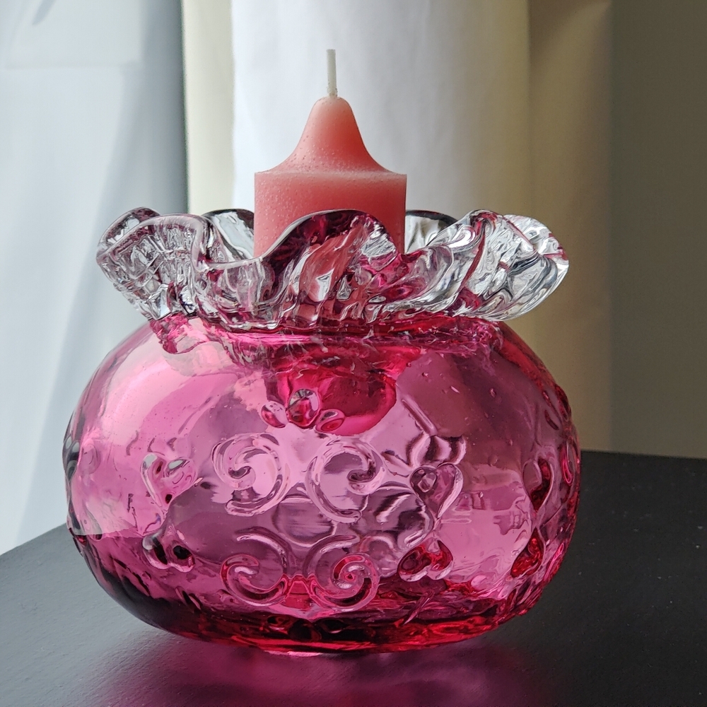 Cranberry Glass Candle Holder with Ruffled Edge